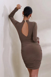 Brown Cut Out Ruched Mini Dress With Open Back Detail